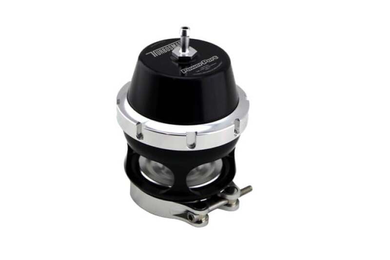 Black Turbosmart BOV Power Port blow off valve installed on a turbocharged engine system.
