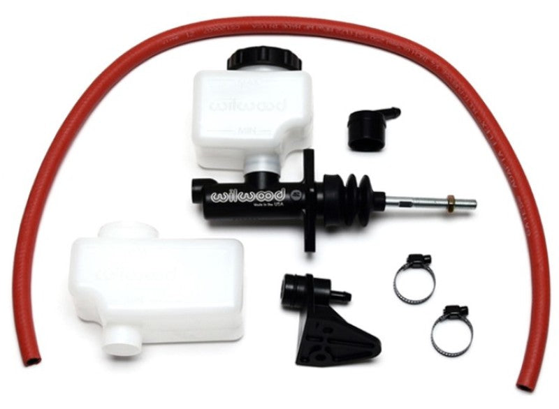 Wilwood short remote brake master cylinder with 5/8 inch bore and 3/8 inch-24 banjo outlet, shown in a close-up image.