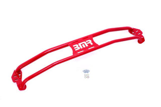 Red BMR Suspension 5th Gen Camaro front 2-point strut tower brace installed in engine bay, enhancing chassis rigidity.