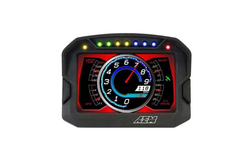 AEM CD-5LG Carbon Logging Digital Dash Display with internal 10Hz GPS and antenna, showing gauges and digital readouts in a sleek design.
