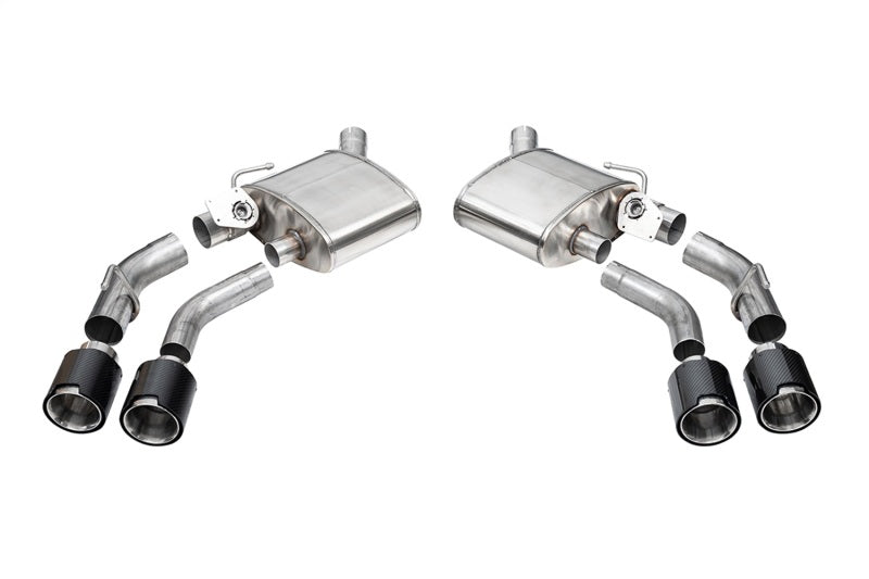 Corvette Camaro SS ZL1 2016-2024 CORSA Performance valved axle-back exhaust with carbon fiber quad tips, showcasing sleek design.