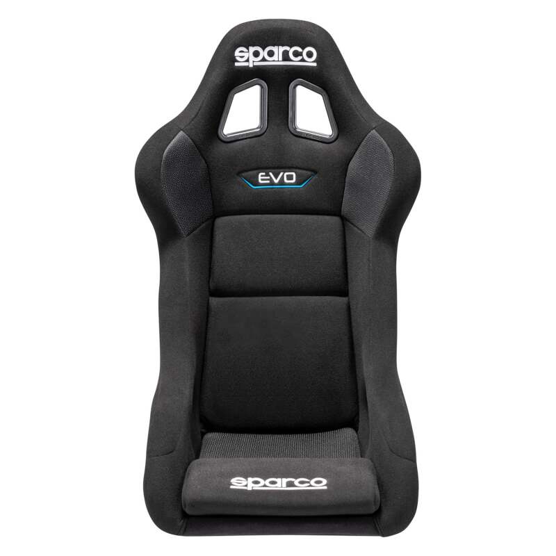 Black Sparco Evo QRT race seat with racing harness slots and supportive bolsters for professional motorsport driving.
