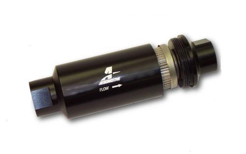 Aeromotive Marine AN-12 fuel filter with stainless steel element, 100 micron filtration, designed for marine fuel systems.