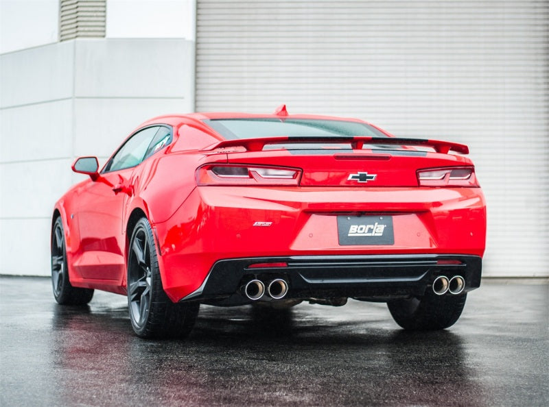 Borla 16 Chevy Camaro 6.2L Atak rear section axle back exhaust without dual mode valves, showing shiny stainless steel construction.