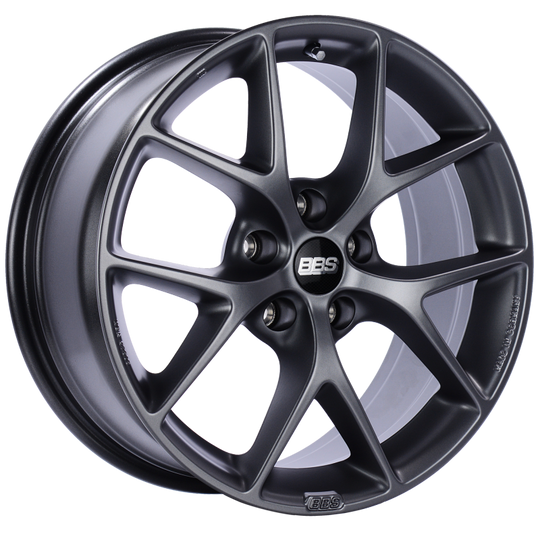 BBS SR 18x8 satin grey cast wheel with 5x112 bolt pattern and ET45 offset, featuring PFS/clip required.