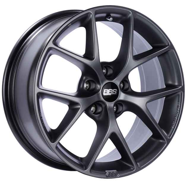 BBS SR 18x8 satin grey cast wheel with 5x112 bolt pattern and ET45 offset, featuring PFS/clip required.