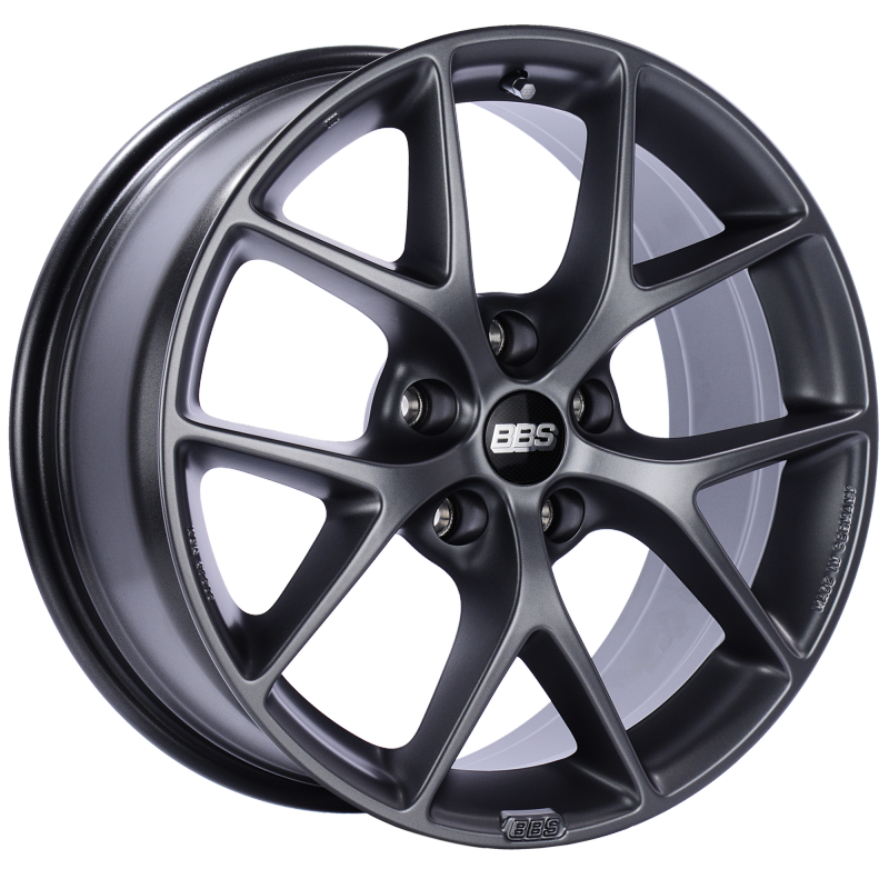 BBS SR 18x8 satin grey cast wheel with 5x112 bolt pattern and ET45 offset, featuring PFS/clip required.