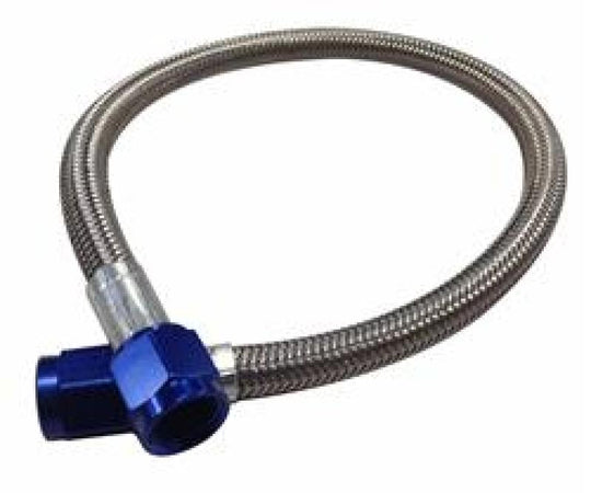 Fragola 36-inch blue nitrous supply line with straight AN-4 hoses and fittings, used for brake line or nitrous system assembly.