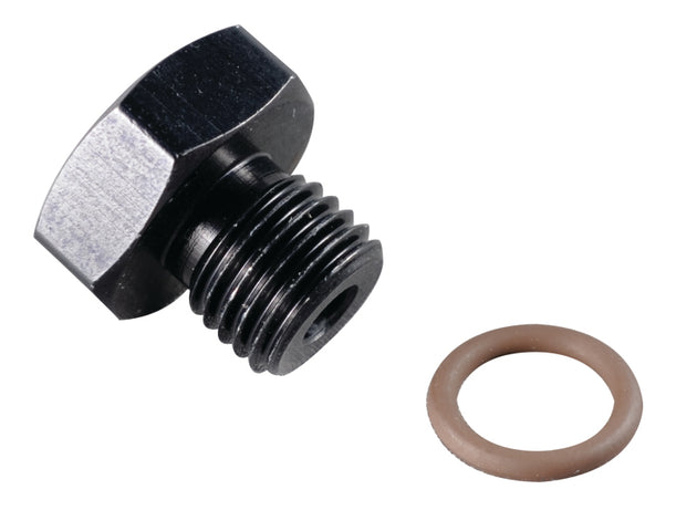 Black Fragola -10AN Port Plug fitting with 7/8-14 thread, designed for high-performance hydraulic and fuel system connections.