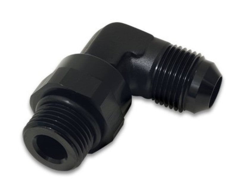 Vibrant black -8AN male flare to -6AN ORB swivel 90-degree adapter fitting, anodized black, for automotive or plumbing applications