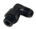 Vibrant black -8AN male flare to -6AN ORB swivel 90-degree adapter fitting, anodized black, for automotive or plumbing applications