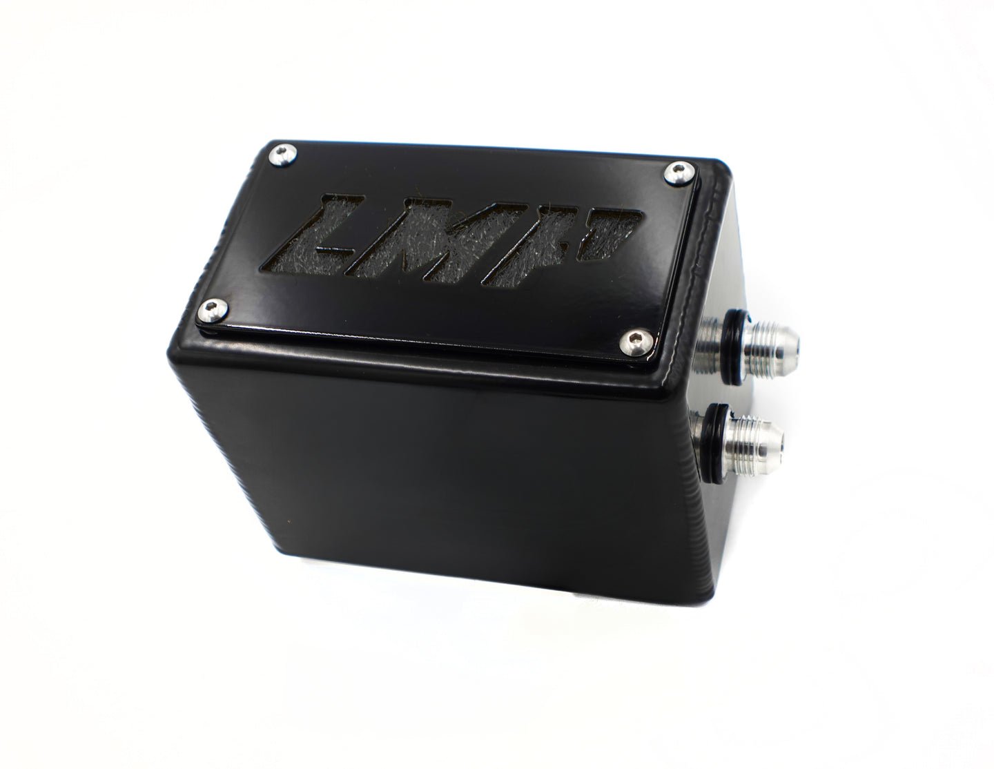LMP Cadillac CT5-V Blackwing catch can in black, showing its sleek design and mounting hardware for engine oil vapor management.