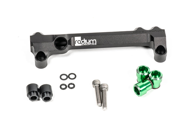 Radium Engineering Mazda 20B primary fuel rail top feed conversion, close-up of the fuel rail for Mazda engine.