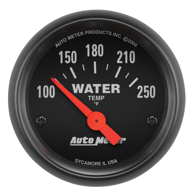 AutoMeter Z-Series 52mm water temperature gauge showing temperature range from 100 to 250°F with clear dial and digital display.