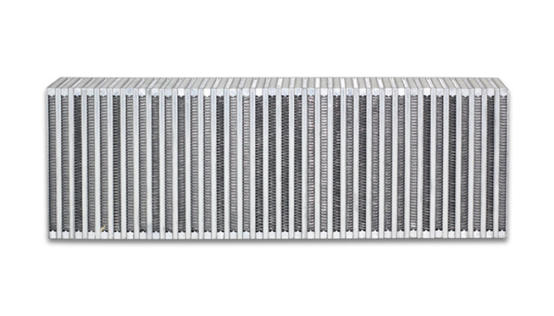 Vibrant vertical flow intercooler core with 24-inch width, 8-inch height, and 3.5-inch thickness showing metal fins and tubes