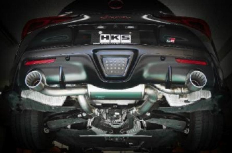 HKS Super Turbo Muffler Catback exhaust system for Toyota Supra DB42 Urban Matte Edition, showing the matte finish and exhaust tips.