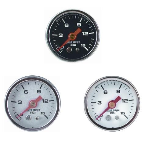 AutoMeter AutoGage 1.5-inch liquid filled mechanical fuel pressure gauge showing 0-100 PSI measurement.