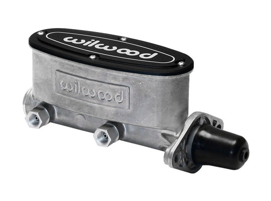 Wilwood high volume tandem brake master cylinder with 1 1/8 inch bore, shown in a close-up image highlighting the metal body and mounting ports.