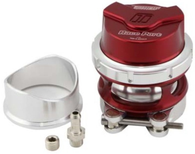 Turbosmart RacePort Female Gen-V Red blow off valve with no weld flange, showing sleek red body and black fittings.