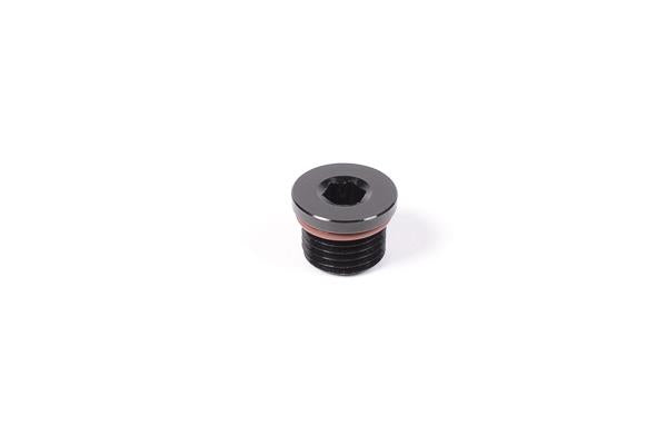 Radium Engineering 6AN ORB plug fitting for automotive and racing applications, showing the black anodized aluminum design.