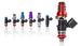 Injector Dynamics ID1050X fuel injector set for 8-cylinder engines, includes grey 14mm adaptor top and orange lower O-ring.