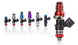 Injector Dynamics ID1050X fuel injector set for 8-cylinder engines, includes grey 14mm adaptor top and orange lower O-ring.