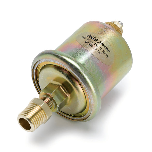 AutoMeter replacement 100psi oil pressure sender for gauges, showing the compact sensor with wiring and connection port.