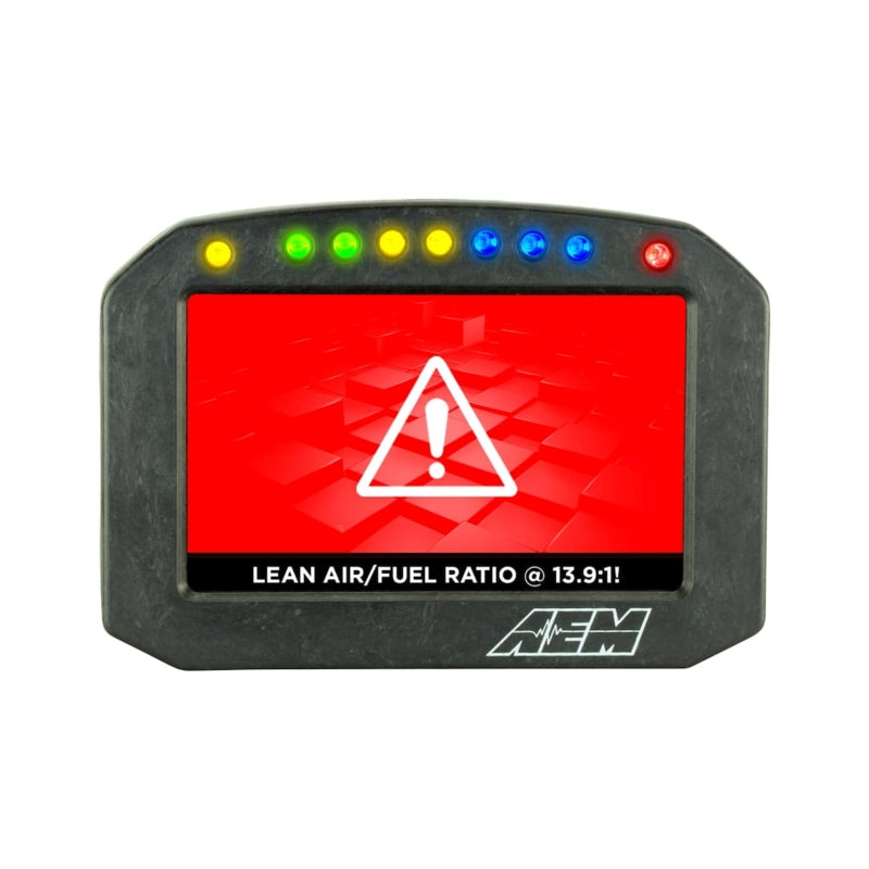 AEM CD-5L Carbon Logging Flush Digital Dash Display gauge showing digital readout and carbon fiber accents for vehicle monitoring.