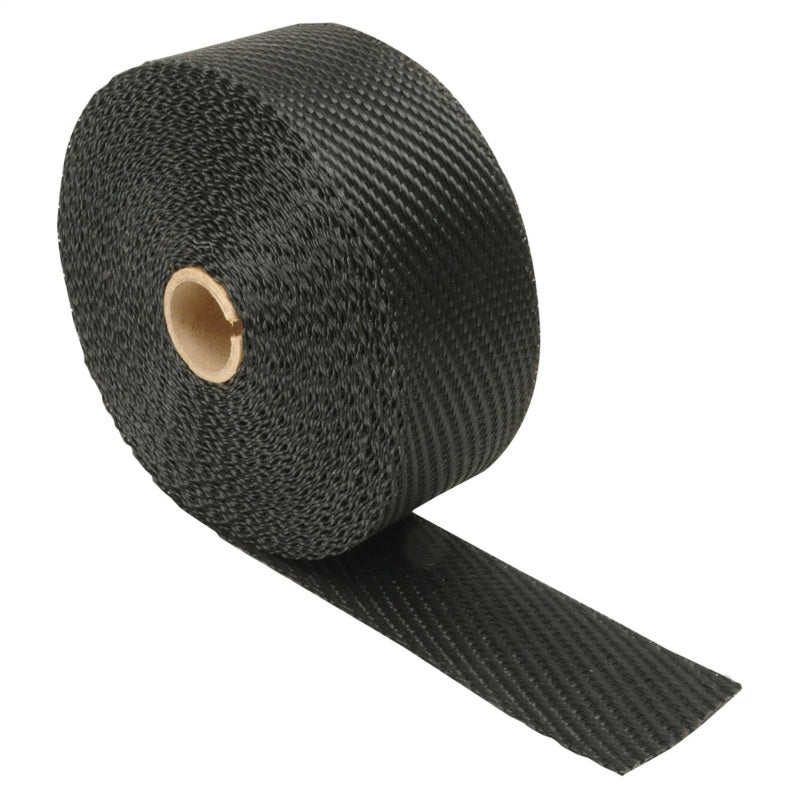 Black DEI Titanium Exhaust Wrap 2in x 50ft, showing the textured heat-resistant material wrapped around a vehicle exhaust pipe.