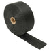 Black DEI Titanium exhaust wrap, 2-inch by 25-foot roll, showing tightly wrapped automotive exhaust pipe for heat insulation.