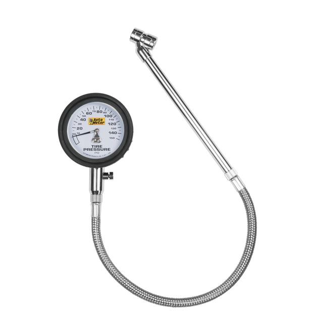 AutoMeter 150 PSI analog tire pressure gauge showing pressure dial and measurement scale in a close-up image.