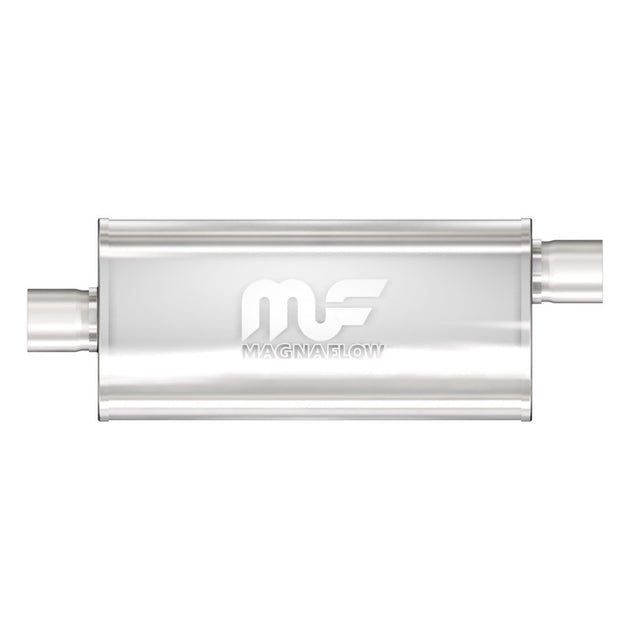 MagnaFlow Muffler Mag SS 18x5x8 with 3-inch outlet, stainless steel construction, shown from an angled side view.
