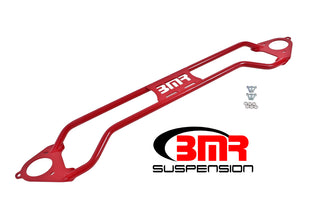 Red BMR 16-17 6th Gen Camaro front twin tube design strut tower brace installed in engine bay, enhancing chassis stiffness.
