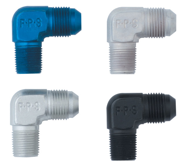 Fragola black 6AN to 3/8 NPT 90-degree fitting, automotive fluid transfer adapter, showing the angled metal connector.