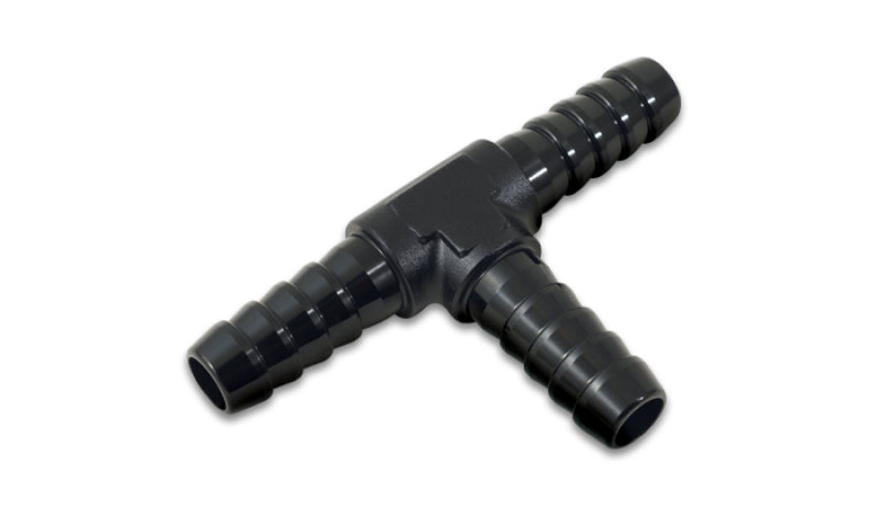 Black anodized Vibrant 1/8in barbed tee fitting for fluid connections, made of durable metal with barbed ends for secure attachment.