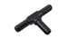 Black anodized Vibrant 3/16 inch barbed tee adapter fitting for fluid connections, shown with barbed ends on a clean background.
