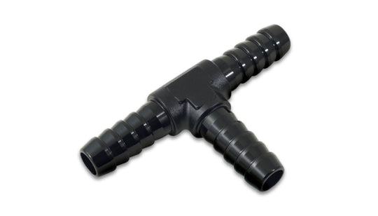 Black anodized Vibrant 5/32-inch barbed tee adapter fitting for secure hose connections.