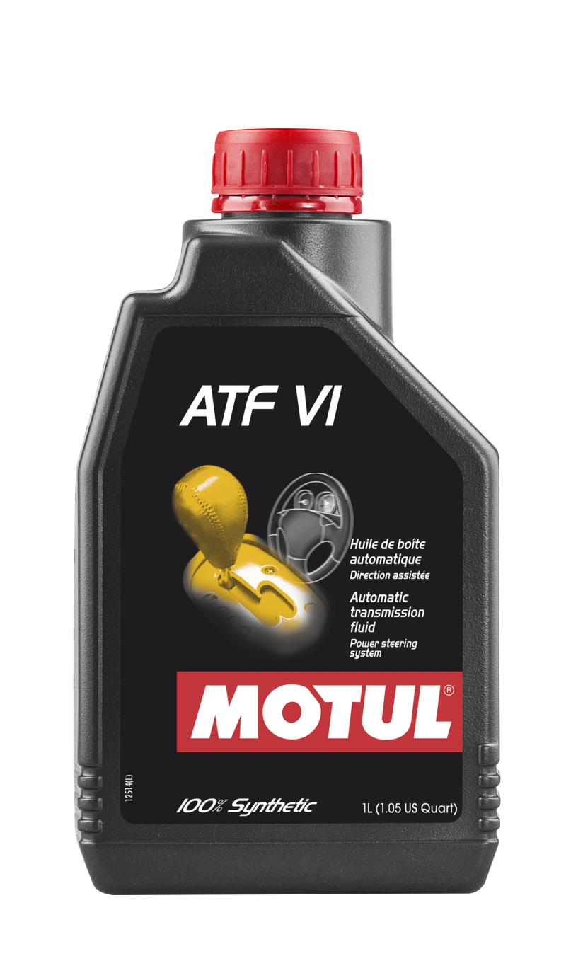 Motul 1L synthetic transmission fluid ATF VI gear oil container with label and cap, designed for vehicle transmission systems.
