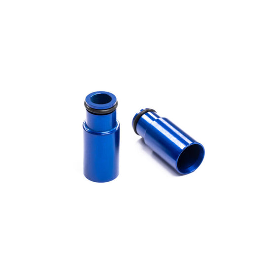 Injector Dynamics blue +26mm bottom adapter with 14mm lower O-ring for fuel injectors, shown in the product image.