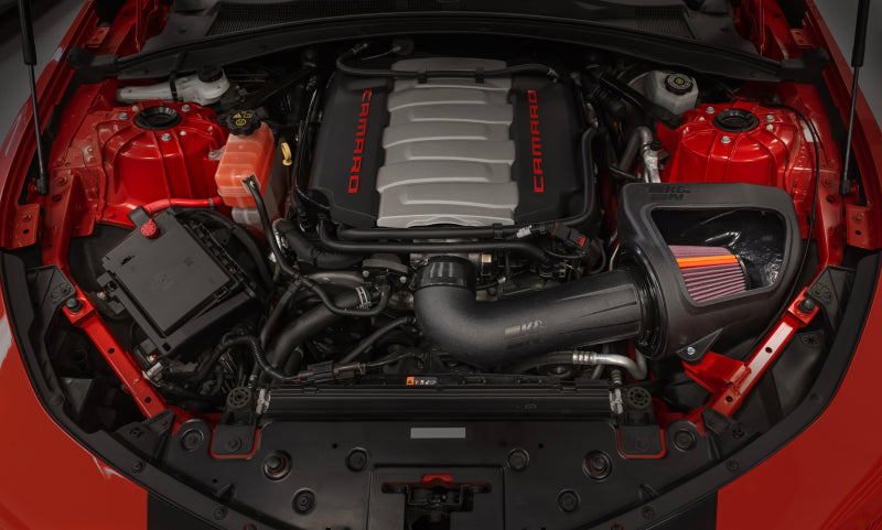 K&N Engineering cold air intake system for Chevy Camaro SS V8 6.2L engine, showing the air filter and intake tubing.