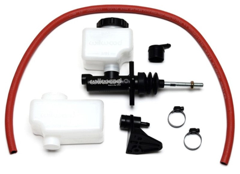 Wilwood short remote brake master cylinder with 1-inch bore and 3/8-inch-24 banjo outlet, featuring a compact design for vehicle braking systems.