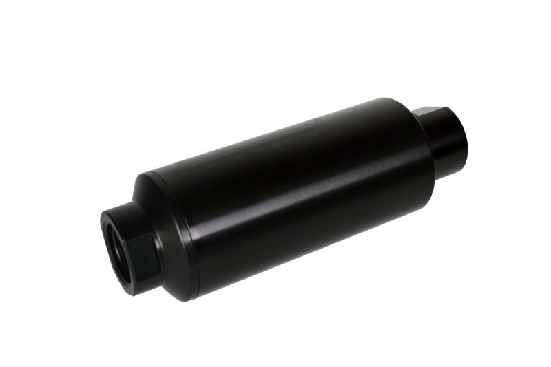 Aeromotive Pro-Series inline fuel filter with AN-12 fitting and 100 micron stainless steel element for fuel filtration.