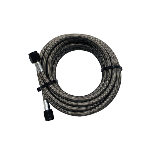 Snow Performance 20ft braided stainless steel line for injection pump components, featuring durable 4AN fittings.