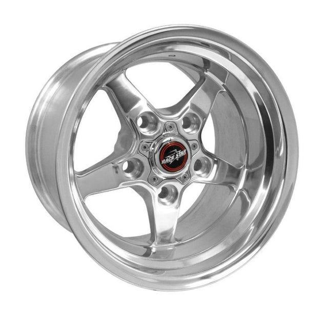 Polished Race Star Drag Star 15x10 inch cast wheel with 5x135 bolt pattern and 5.25 backspacing, designed for high-performance vehicles.