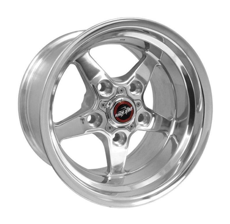 Polished Race Star Drag Star 15x10 inch cast wheel with 5x135 bolt pattern and 5.25 backspacing, designed for high-performance vehicles.