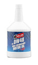Red Line 0W40 motor oil quart bottle with red and black label, featuring the Red Line logo and product details on the container.