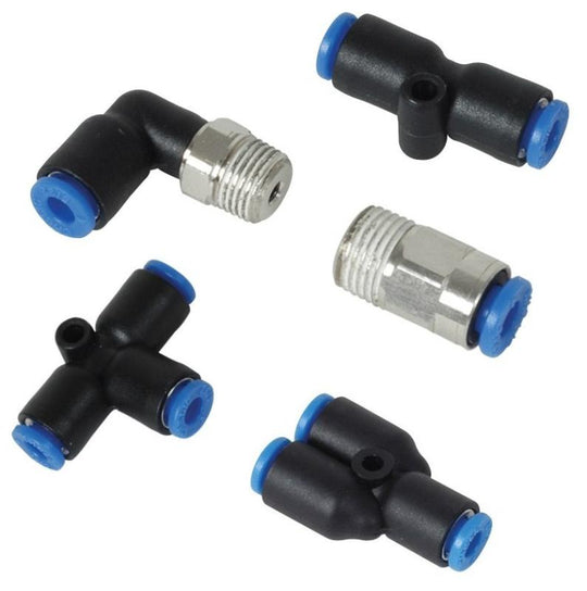 Vibrant male straight pneumatic vacuum fitting with 1/8in NPT thread for 1/4in OD tubing, designed for pneumatic applications.