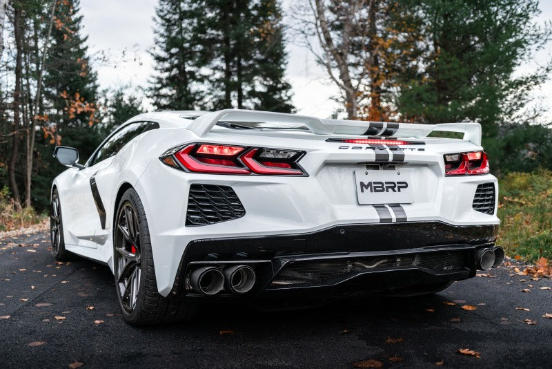 MBRP axle back exhaust for Chevrolet Corvette C8 2020-2023 with quad split rear exit and carbon fiber tips, T304 stainless steel.