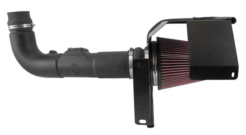 K&N 63 Series AirCharger cold air intake kit installed in a Chevy Silverado 4.3L V6 engine for improved performance and airflow.