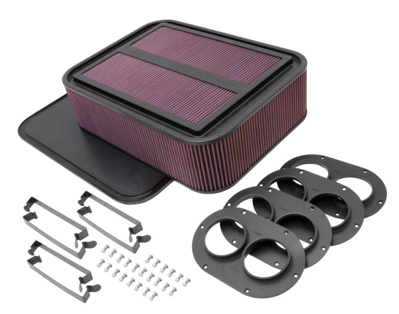 K&N custom racing rectangular carbon fiber air filter with 4-inch air box and 2.75-inch air horn, designed for direct fit.